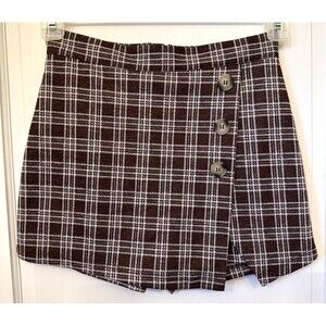Altar’d State Brown Plaid Mini Skirt Skort S Button Academia Preppy Grunge Skate